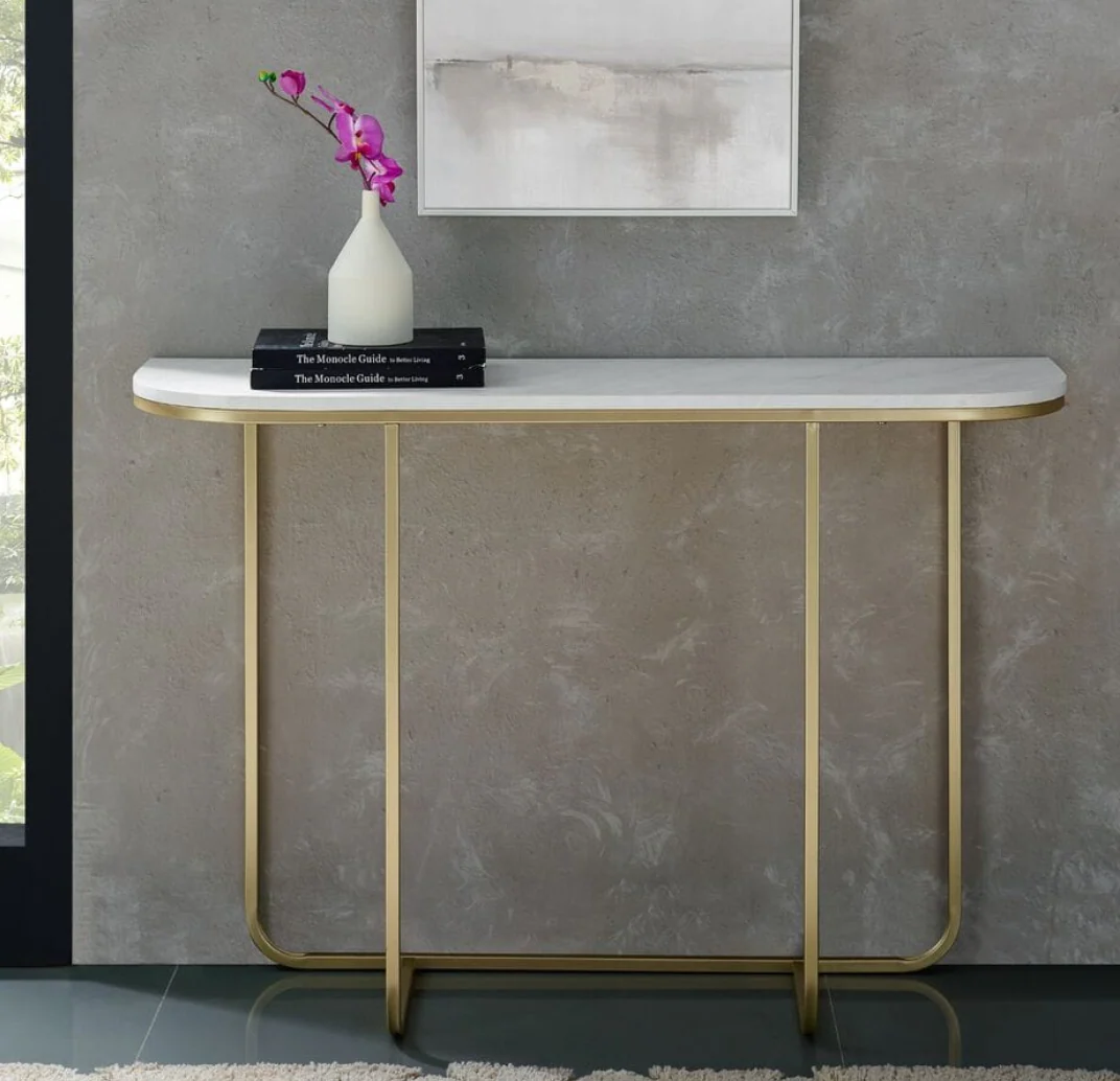 44 Inch Modern Curved Entry Table - White Faux Marble/Gold - Image 4
