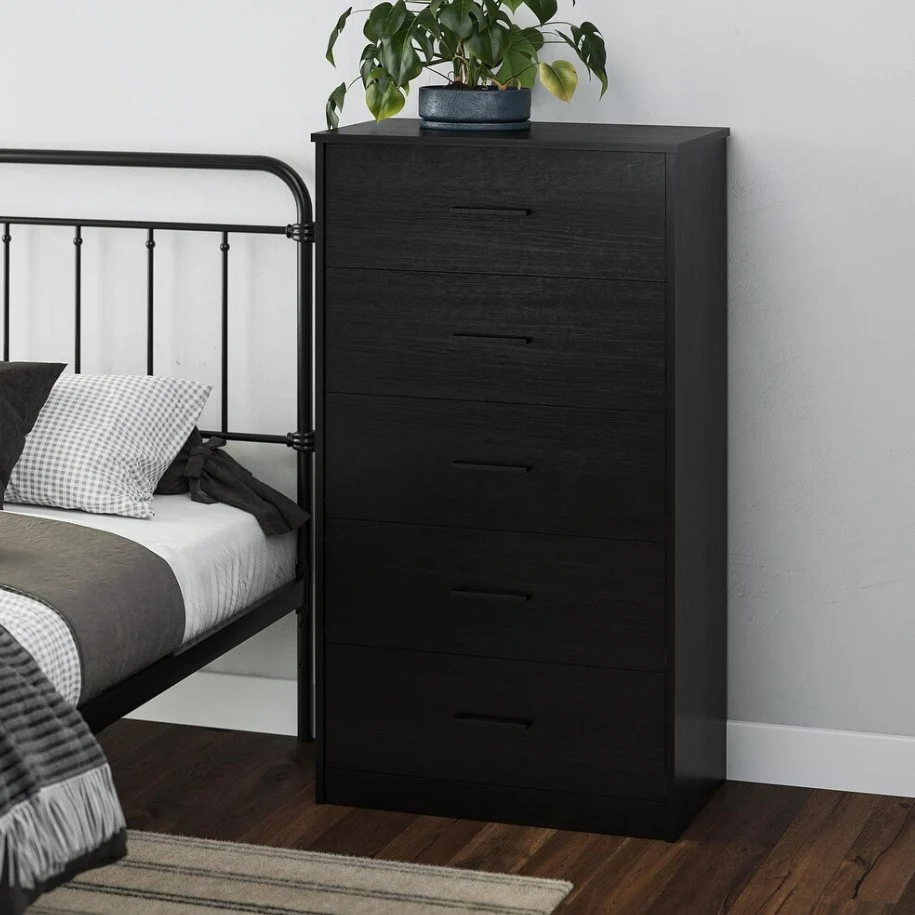 5 Drawer Chest Dresser Black Oak Finish Classic Bedroom Storage Furniture - Image 4