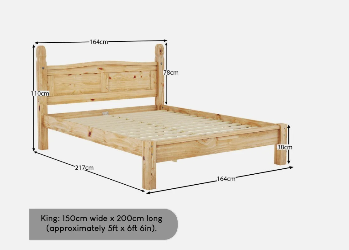 5 ft Corona King Size Bed Low Foot End Mexican Style Pine Waxed Brown - Image 2
