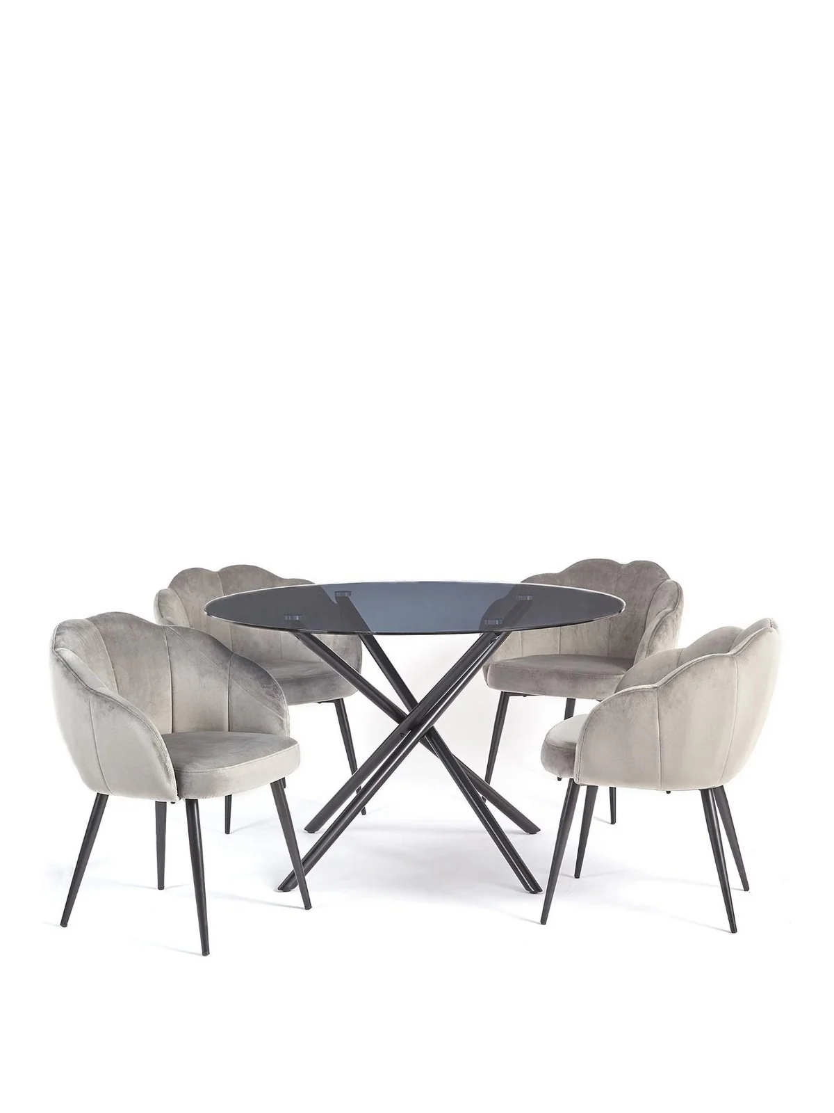Angel Glass Top 120cm Black Dining Table with 4 Velvet Grey Chairs Kitchen Set - Image 2