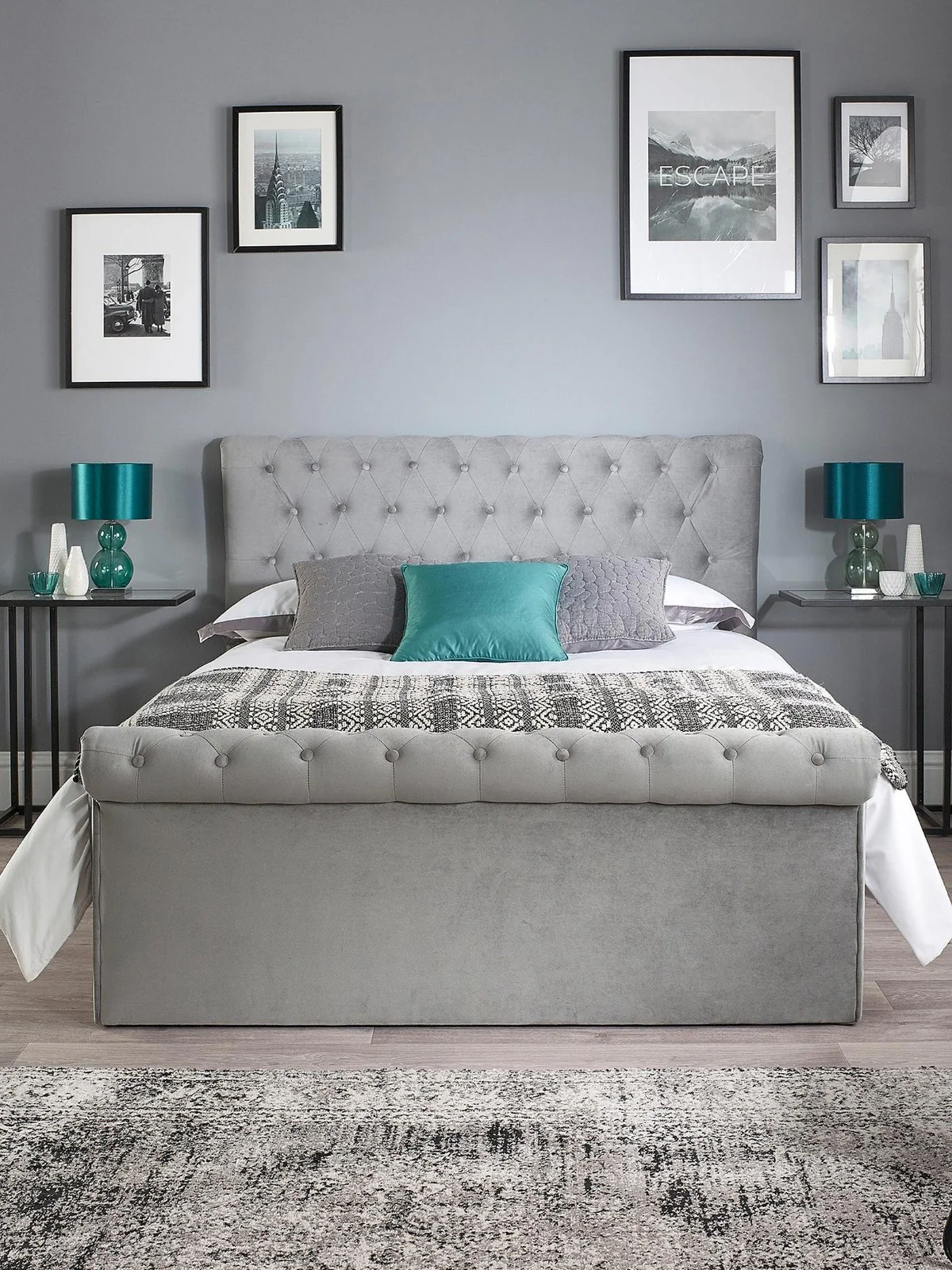 Aspire Chesterfield Fabric Lift Up Storage Bed Double Grey Buttoned - Image 3