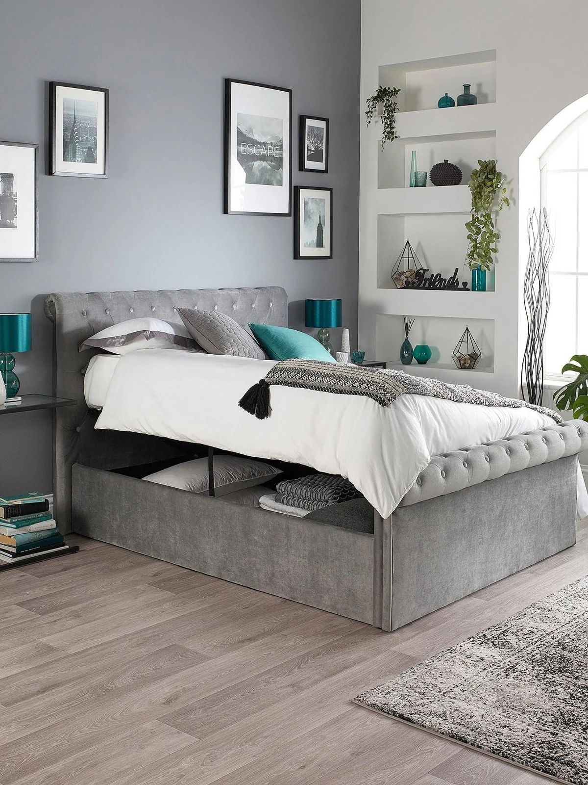 Aspire Chesterfield Fabric Lift Up Storage Bed Double Grey Buttoned - Image 4