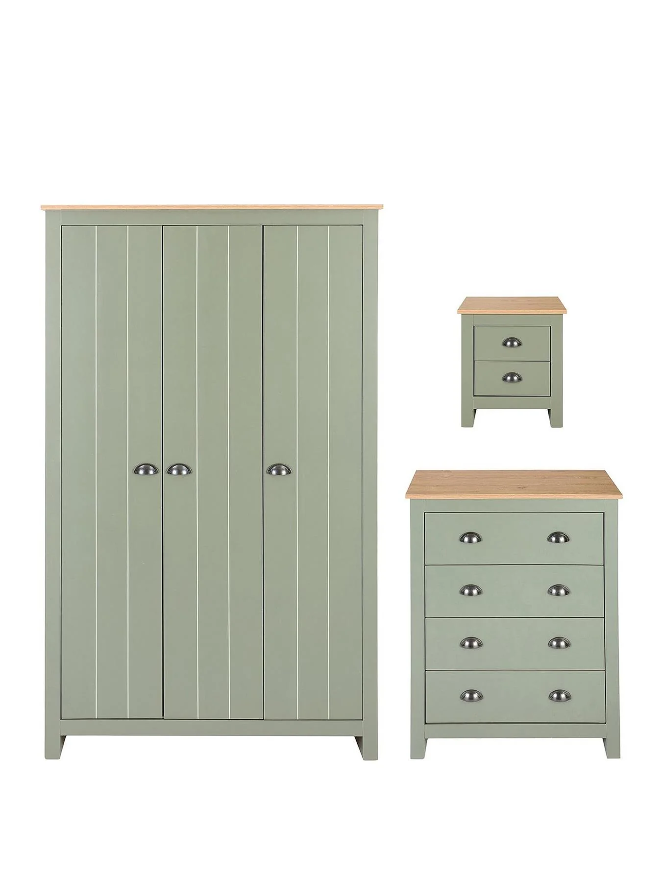 Atlanta 3 Piece Bedroom Set Green Oak Wardrobe Chest Bedside Furniture - Image 2