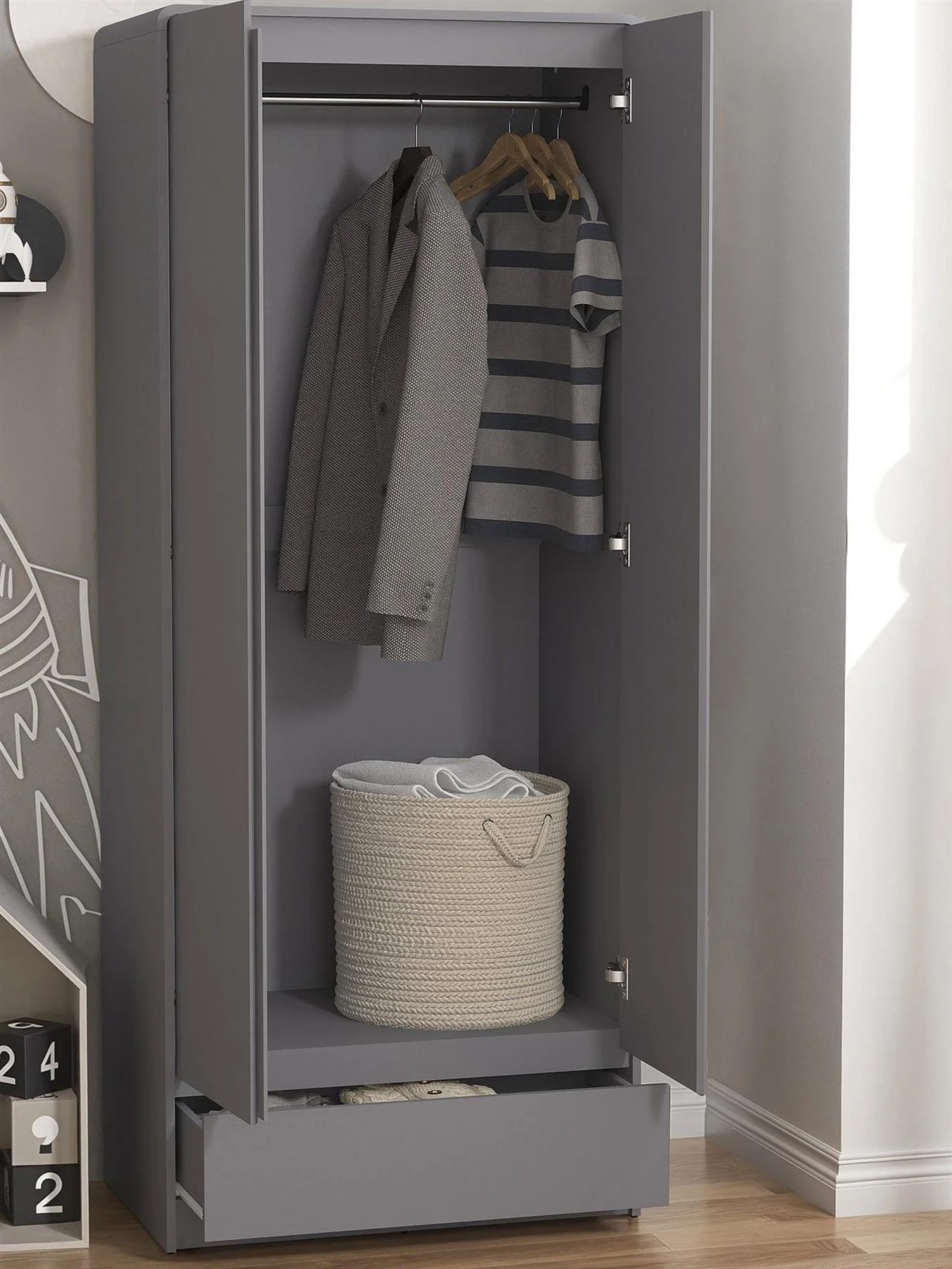 Bailey 2 Door 1 Drawer Wardrobe Grey Storage Organiser Bedroom - Image 3