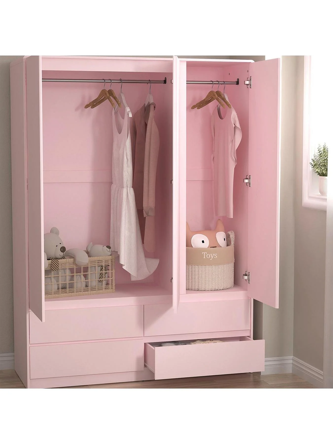 Bailey Kids 3 Door 4 Drawer Wardrobe Pink Childrens Bedroom Storage - Image 3