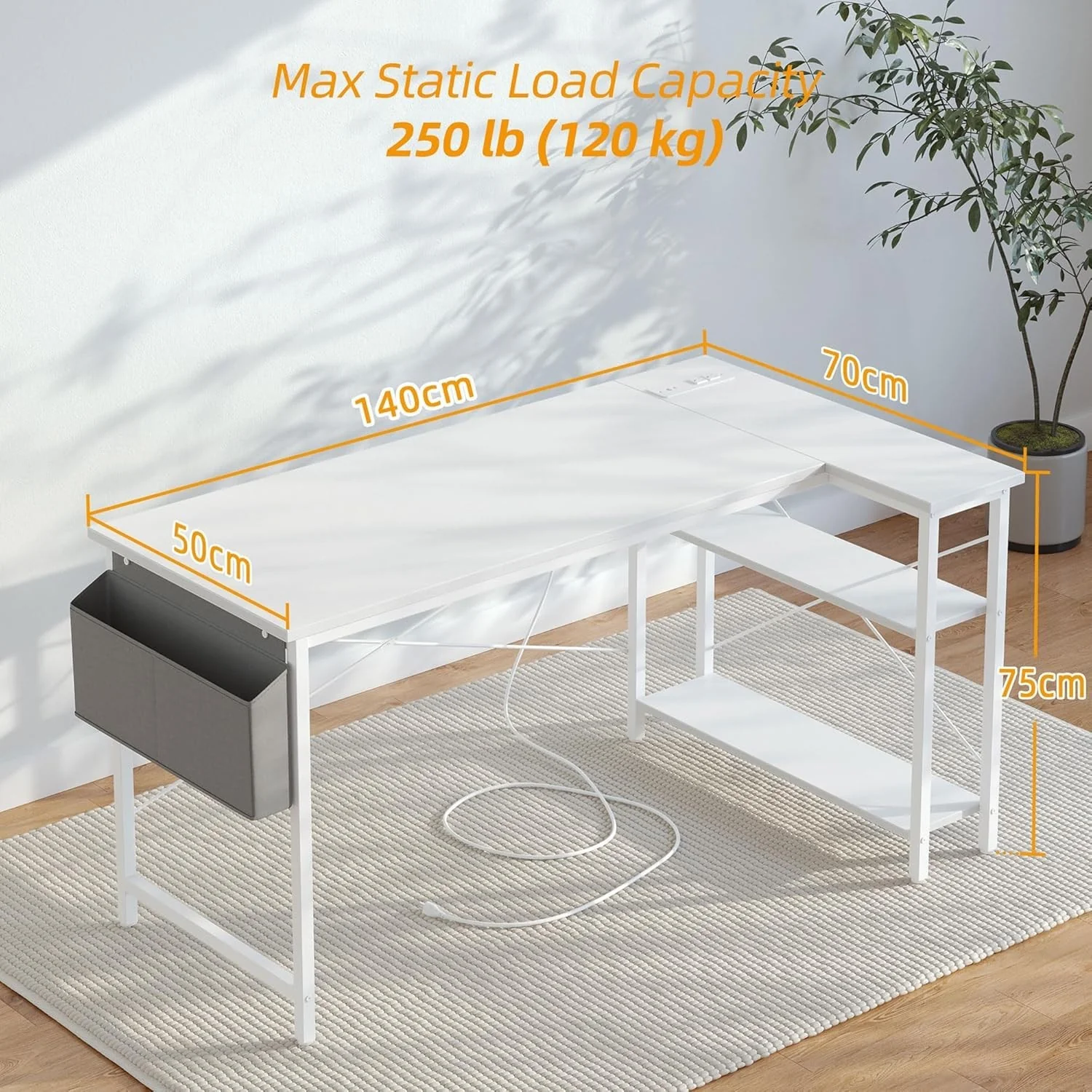 BEXEVUE L-Shaped Desk 140x70cm White | Corner Computer Desk - Image 5