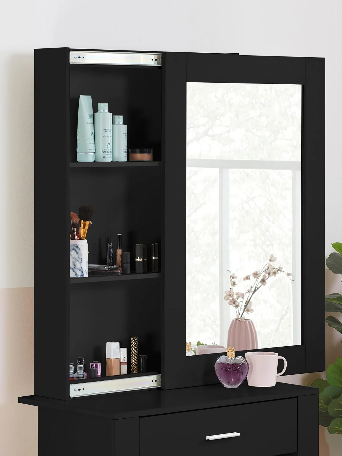 Birlea Evelyn Sliding Mirror Dressing Table Black | Vanity Desk with Stool - Image 4