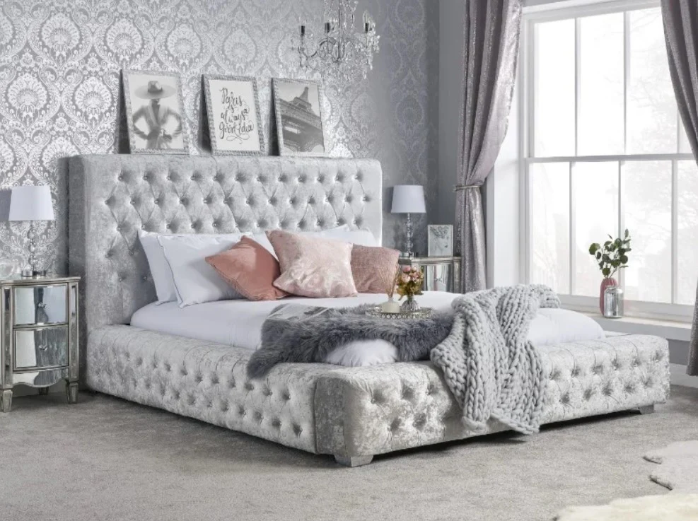 Birlea Grande Fabric Bed Super King Size Velvet Grey Buttoned Headboard - Image 10