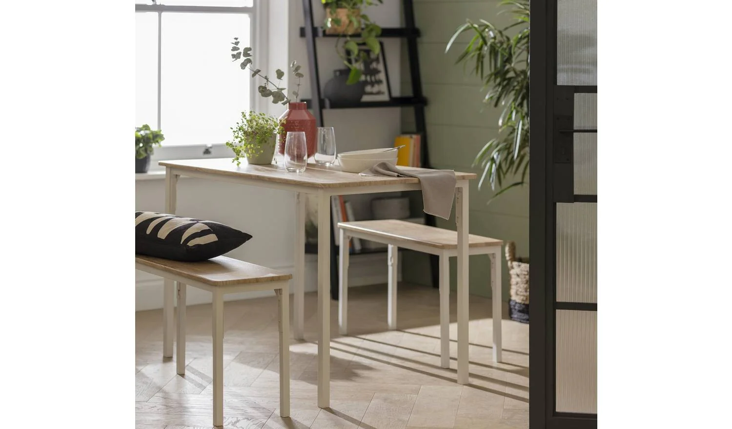 Bolitzo Oak Dining Table & 2 White Benches For Small Spaces - Image 3