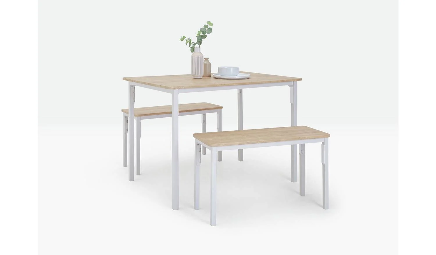 Bolitzo Oak Dining Table & 2 White Benches For Small Spaces - Image 4