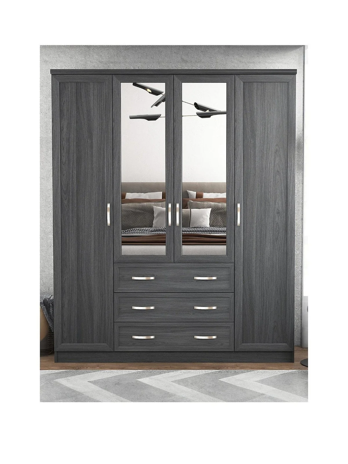 Camberley 4 Door, 3 Drawer Mirrored Wardrobe Dark Oak Modern Storage Bedroom - Image 2