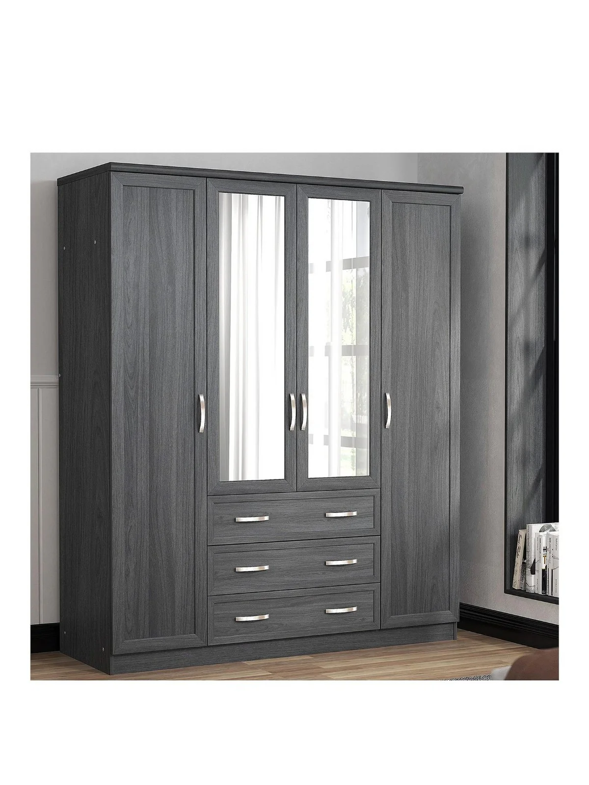 Camberley 4 Door, 3 Drawer Mirrored Wardrobe Dark Oak Modern Storage Bedroom - Image 3