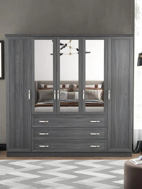 Camberley 5 Door 3 Drawer Mirrored Wardrobe Dark Oak Modern Storage Bedroom - Image 2