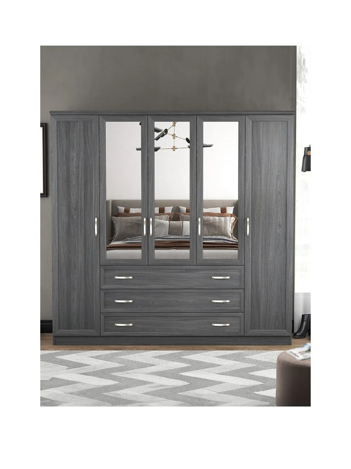 Camberley 5 Door 3 Drawer Mirrored Wardrobe Dark Oak Modern Storage Bedroom - Image 3
