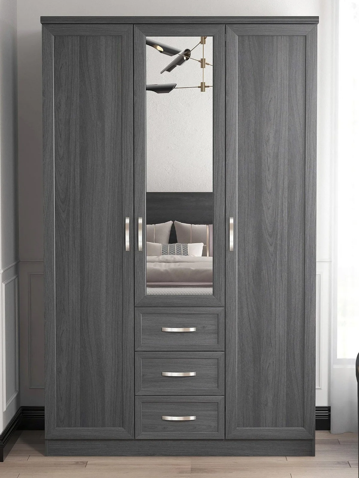 Camberley Dark Oak Wardrobe 3 Door 3 Drawers | Mirrored Bedroom Organizer - Image 2