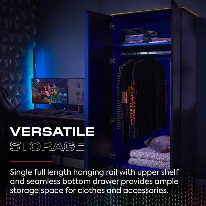 Carbon-Tek LED 2-Door Wardrobe with Drawer Grey Blue Neo Fibre Storage - Image 3