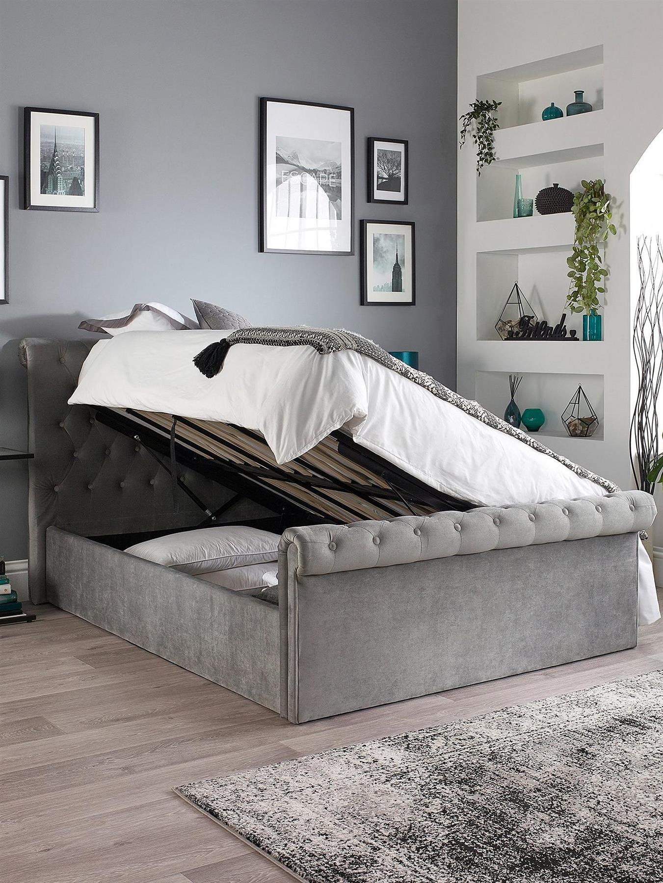 Chesterfield Fabric Lift Up Storage Small Double Bed Frame Grey UK - Image 2