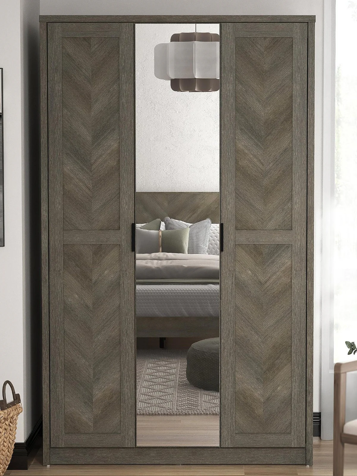 Chevry 3 Door Mirrored Wardrobe | Grey Oak & Black | Fishbone Chevron Design - Image 2