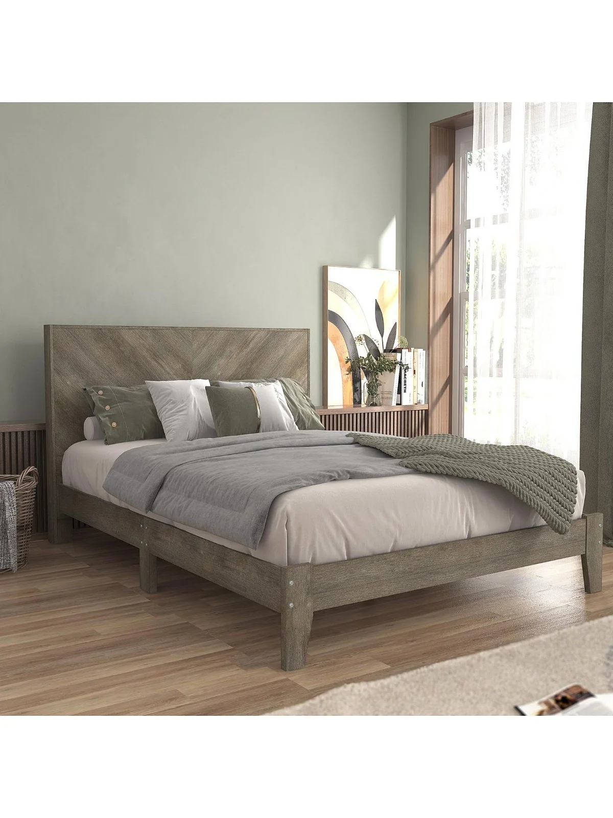 Chevry Bed Frame Double Size Grey Oak Effect | Chevron Headboard | Rustic Style - Image 5