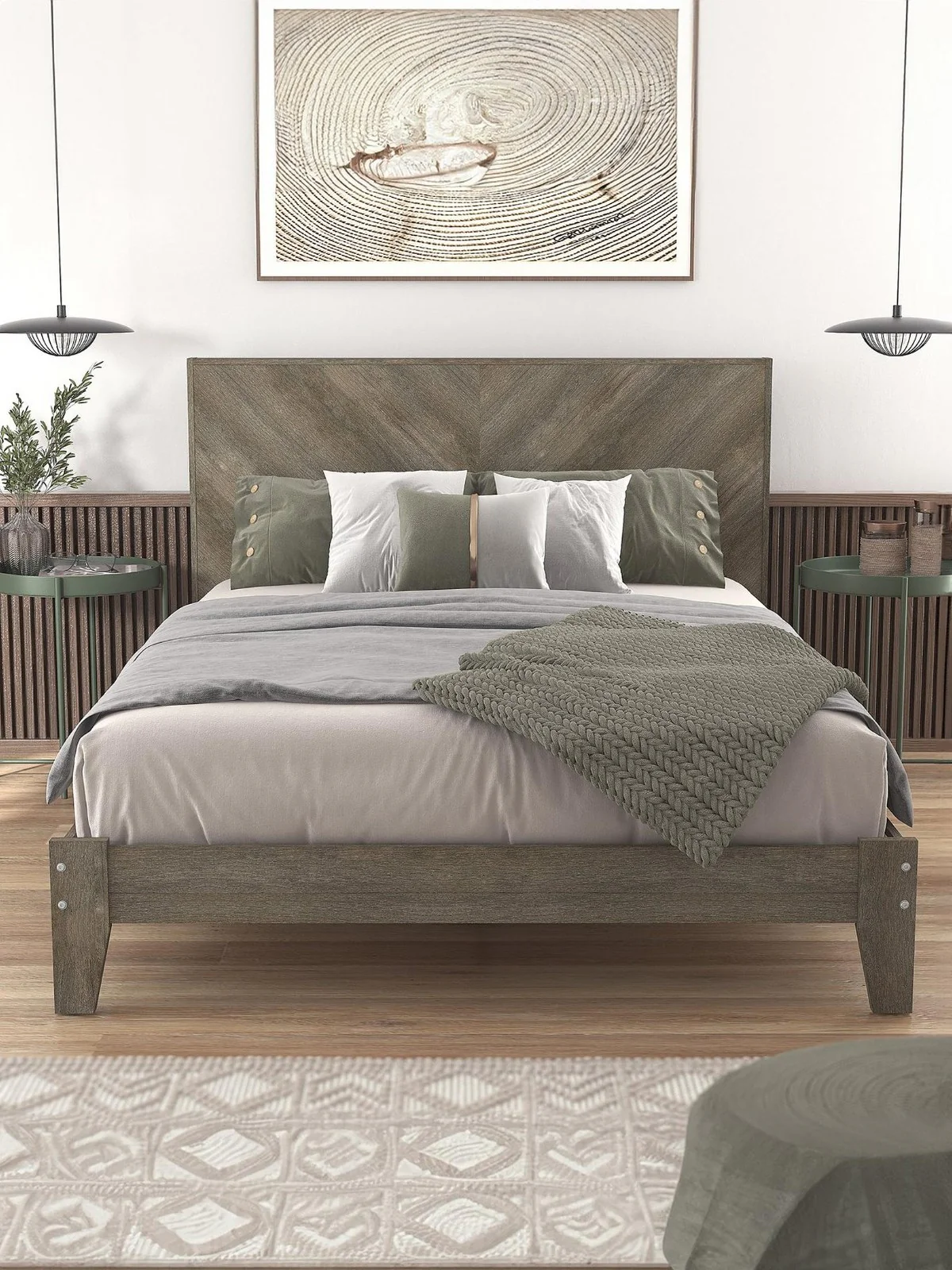 Chevry Bed Frame King Size Grey Oak Effect | Chevron Headboard | Rustic Style - Image 2