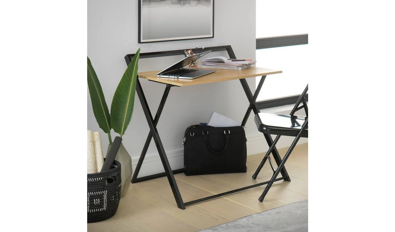 Compact Folding Office Desk Black & Oak Space Saving Portable Design - Image 2