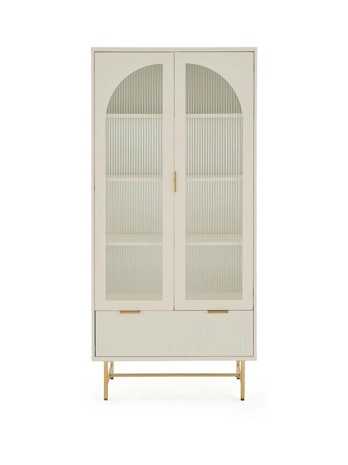 Cora Glass Door Bookcase Ivory & Brass | Fluted Drawer | Adjustable Shelves - Image 2