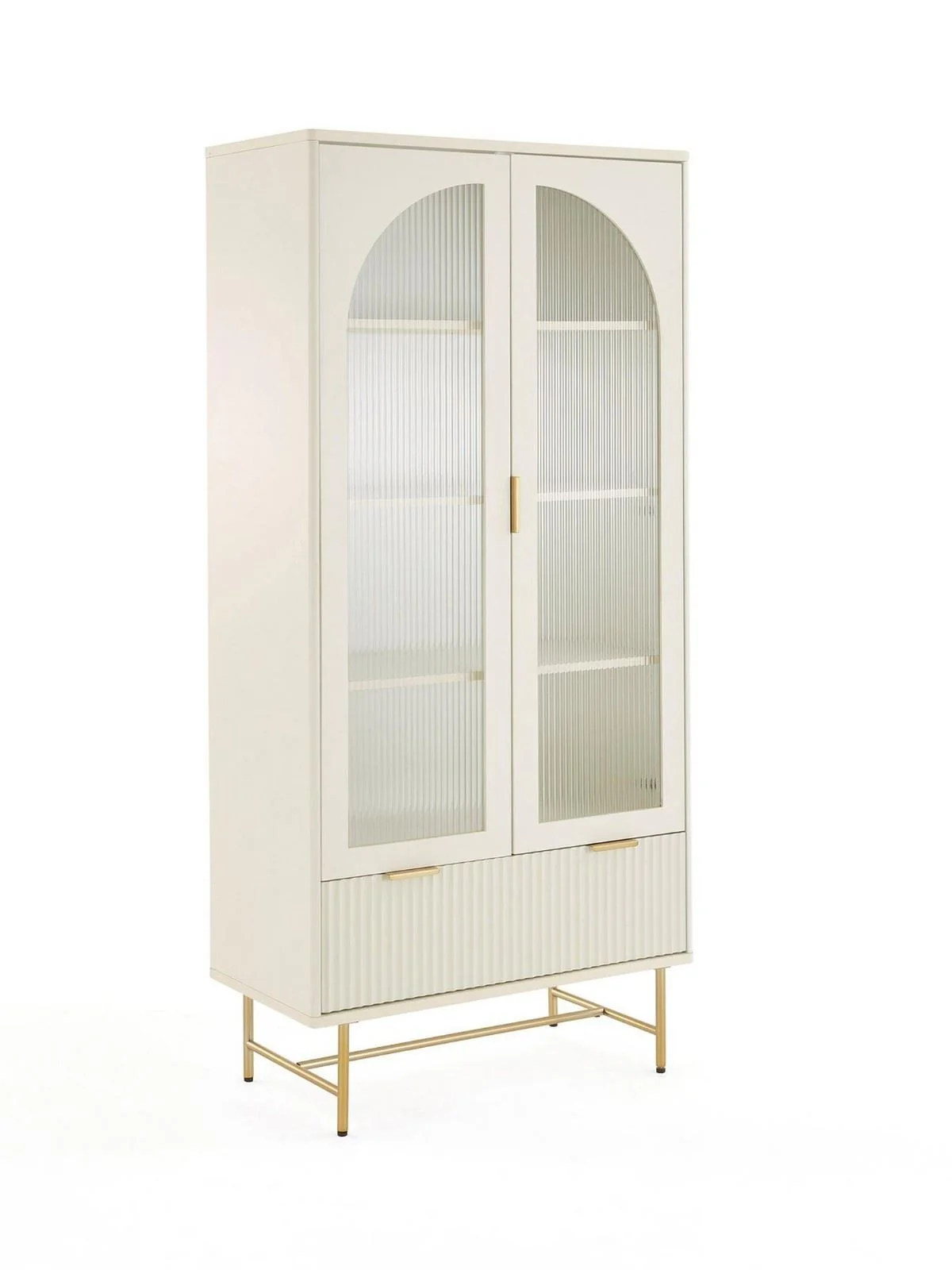 Cora Glass Door Bookcase Ivory & Brass | Fluted Drawer | Adjustable Shelves - Image 3