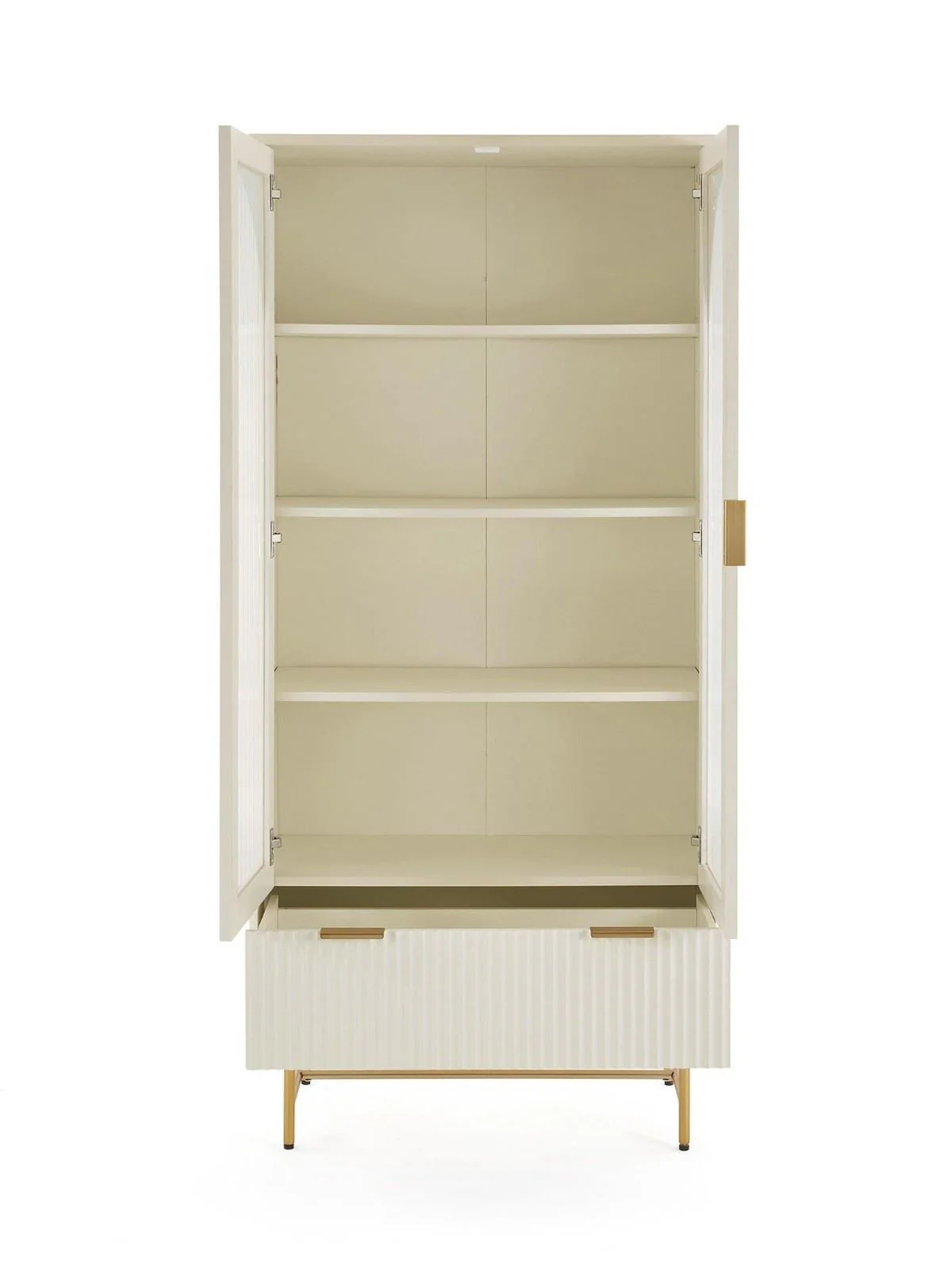 Cora Glass Door Bookcase Ivory & Brass | Fluted Drawer | Adjustable Shelves - Image 4