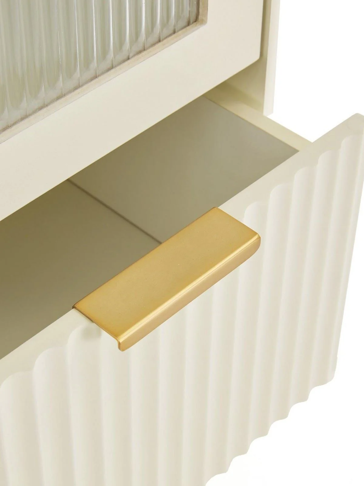Cora Glass Door Bookcase Ivory & Brass | Fluted Drawer | Adjustable Shelves - Image 6