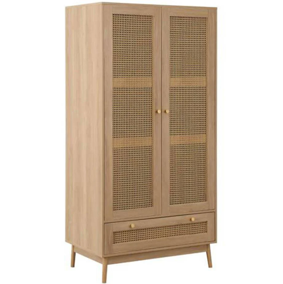 Croxley 2 Door 1 Drawer Oak Rattan Wardrobe Modern Boho Design - Image 2