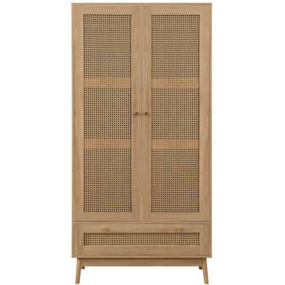 Croxley 2 Door 1 Drawer Oak Rattan Wardrobe Modern Boho Design - Image 3