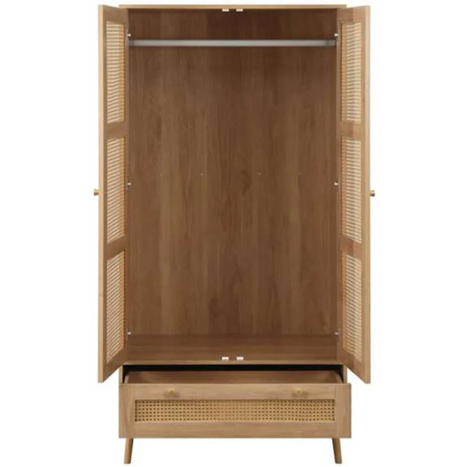 Croxley 2 Door 1 Drawer Oak Rattan Wardrobe Modern Boho Design - Image 4