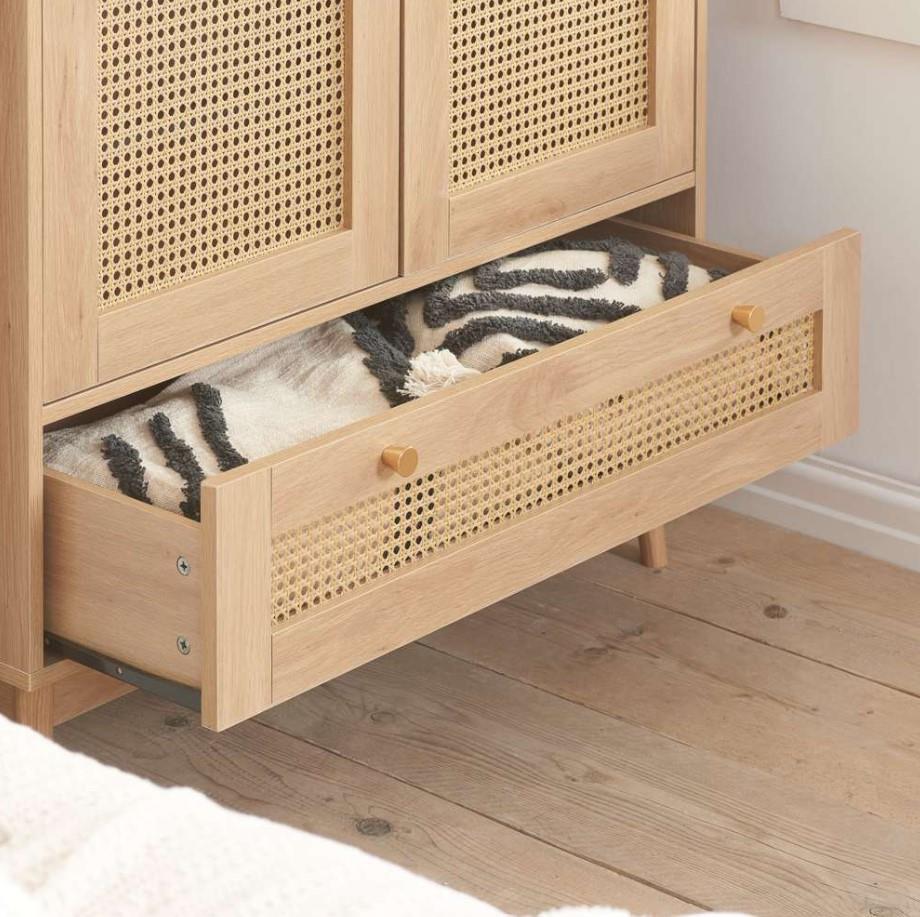 Croxley 2 Door 1 Drawer Oak Rattan Wardrobe Modern Boho Design - Image 7