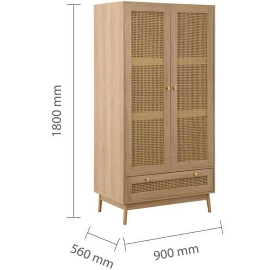 Croxley 2 Door 1 Drawer Oak Rattan Wardrobe Modern Boho Design - Image 8