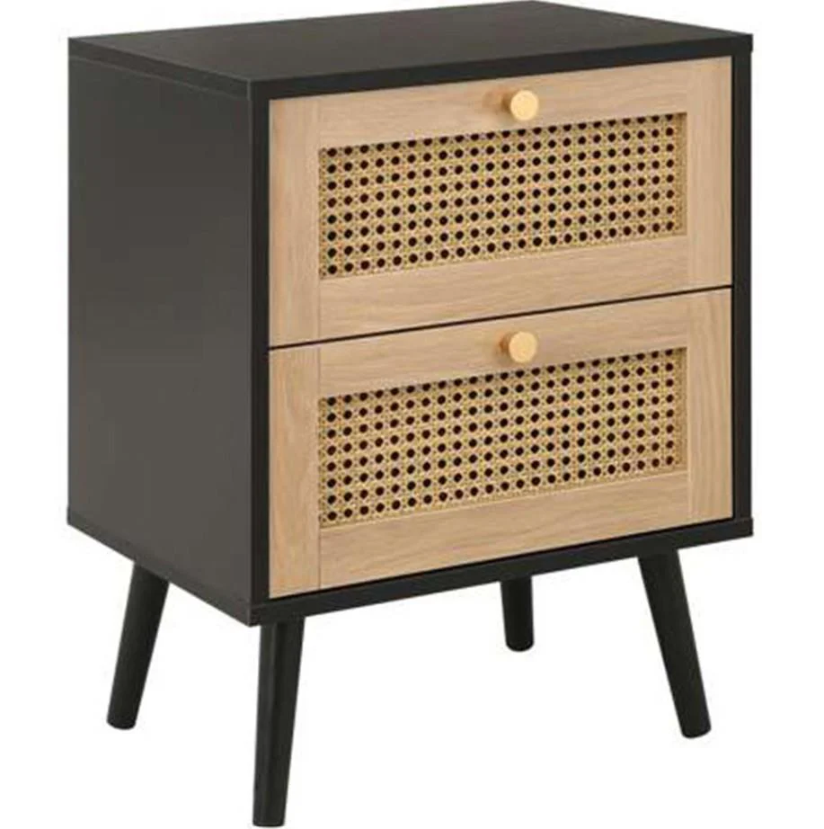 Croxley 2 Drawer Black and Oak Rattan Bedside Table Stylish Bedroom Furniture - Image 2