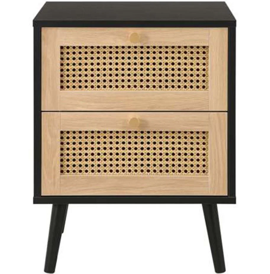 Croxley 2 Drawer Black and Oak Rattan Bedside Table Stylish Bedroom Furniture - Image 3