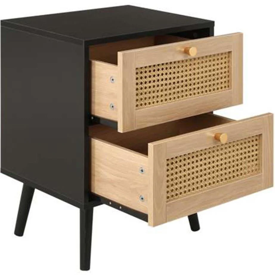 Croxley 2 Drawer Black and Oak Rattan Bedside Table Stylish Bedroom Furniture - Image 4