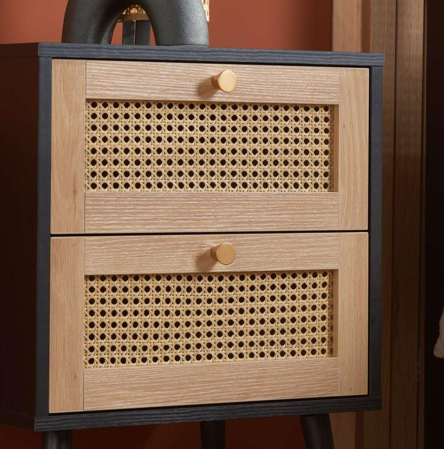 Croxley 2 Drawer Black and Oak Rattan Bedside Table Stylish Bedroom Furniture - Image 7