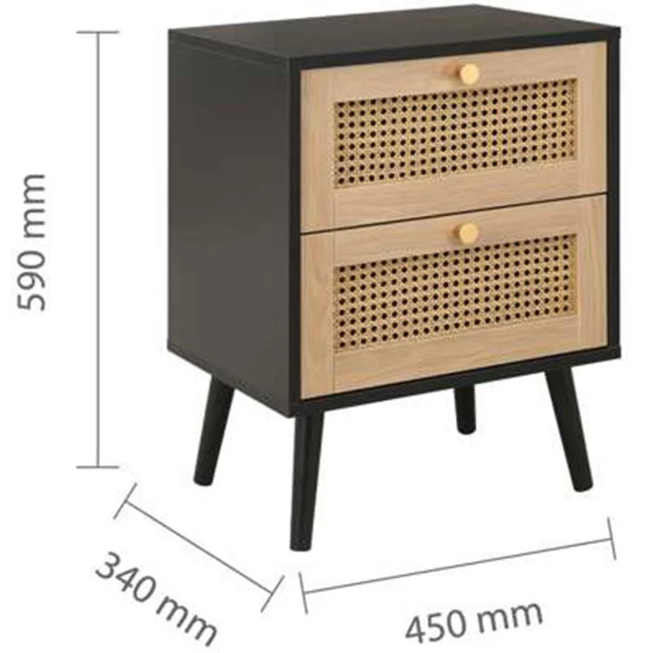 Croxley 2 Drawer Black and Oak Rattan Bedside Table Stylish Bedroom Furniture - Image 8