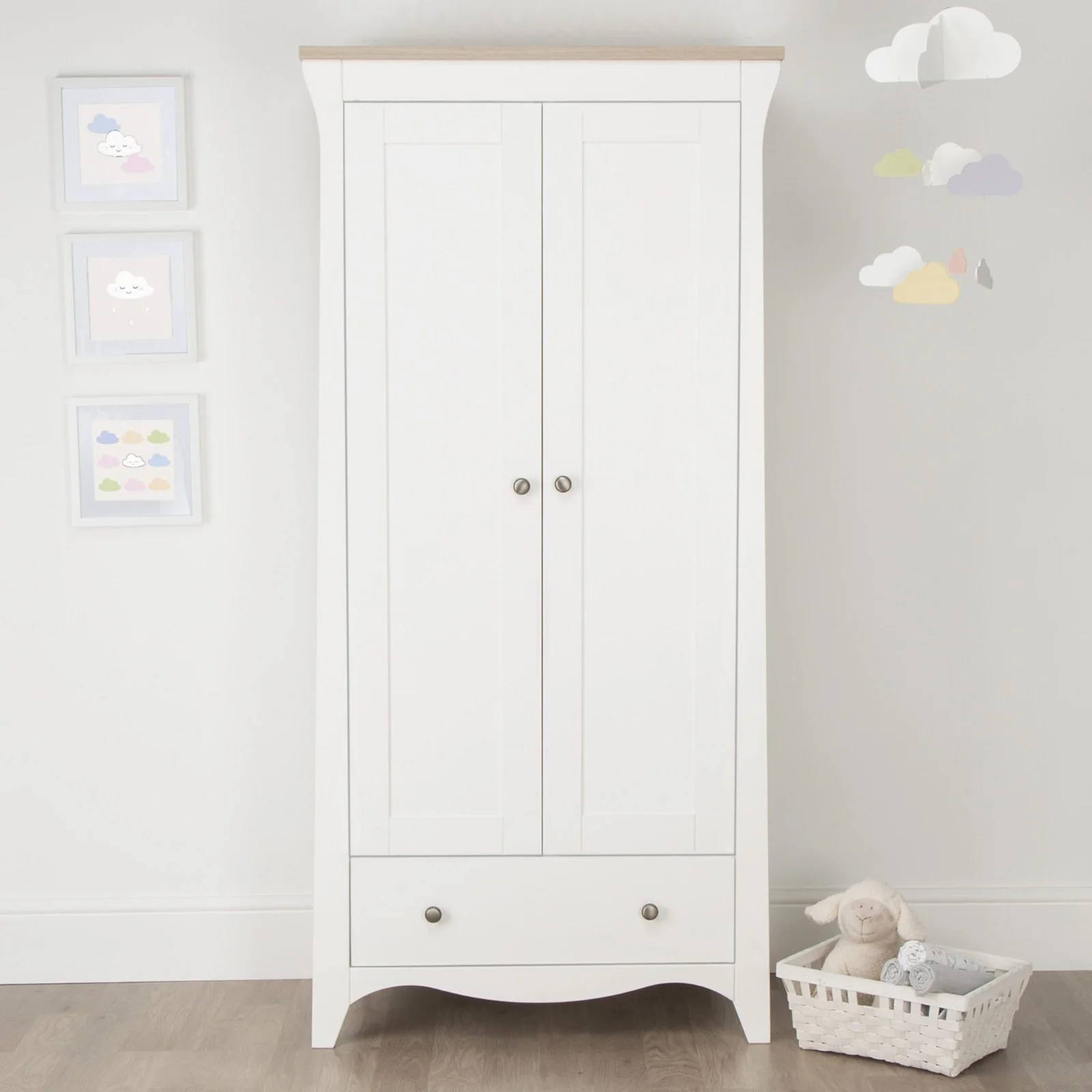 CuddleCo Clara Double Wardrobe White/Ash | 2 Hanging Rails & Drawer - Image 3