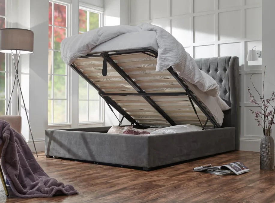 Dakota King Ottoman Bed Grace Pewter Chenille Upholstered Storage - Image 2