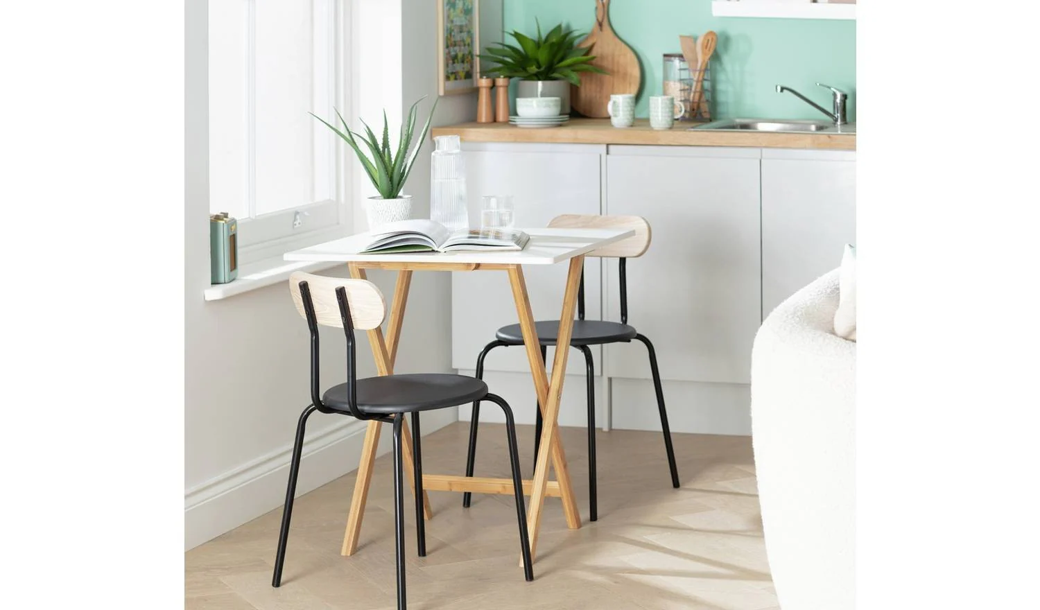 Drew Folding Bamboo 2 Seater Table White Compact Kitchen Furniture - Image 3