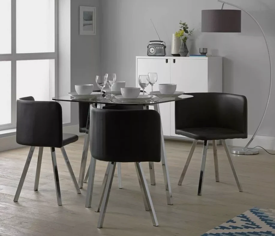 Elsie Silver Glass Dining Table & 4 Black Chairs Modern Kitchen Furniture Set - Image 2