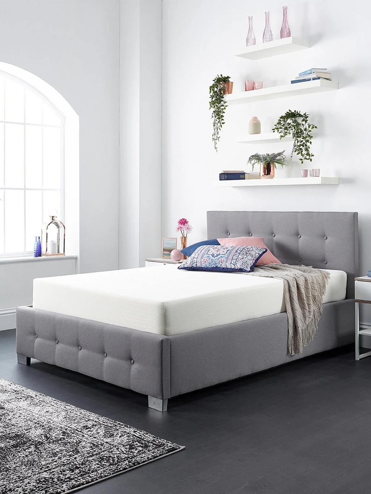 End Lift Up Linen Ottoman King Bed Grey Buttoned Headboard Storage Bed - Image 3