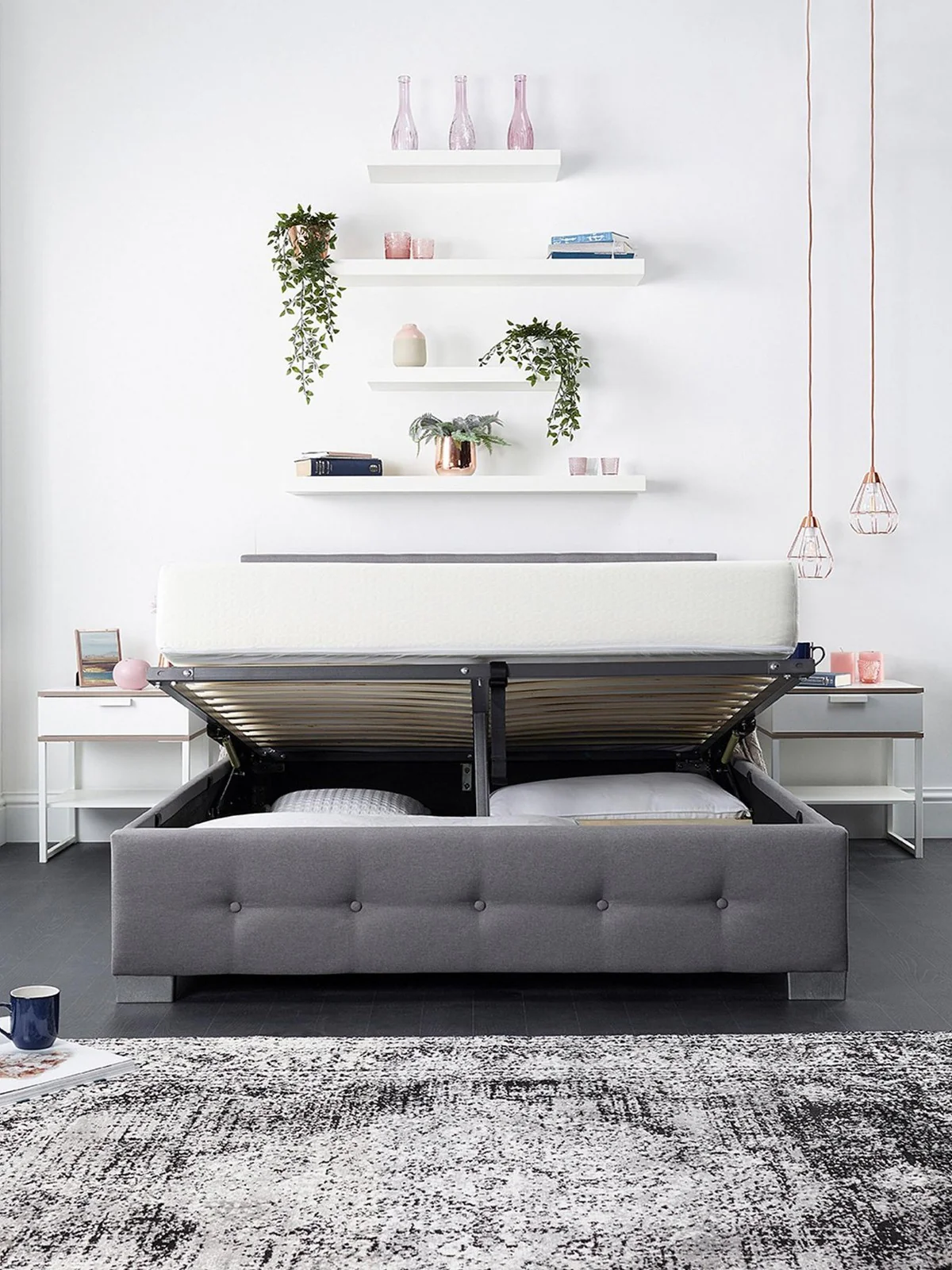 End Lift Up Linen Ottoman King Bed Grey Buttoned Headboard Storage Bed - Image 4