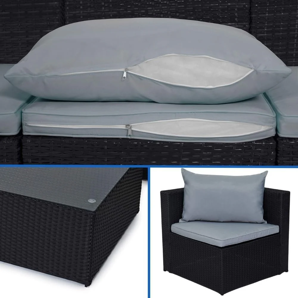 EVRE Malaga Rattan Outdoor Garden Furniture Set & Cushion & Coffee Table Black - Image 5