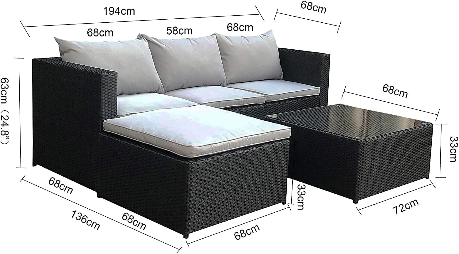 EVRE Malaga Rattan Outdoor Garden Furniture Set & Cushion & Coffee Table Black - Image 7
