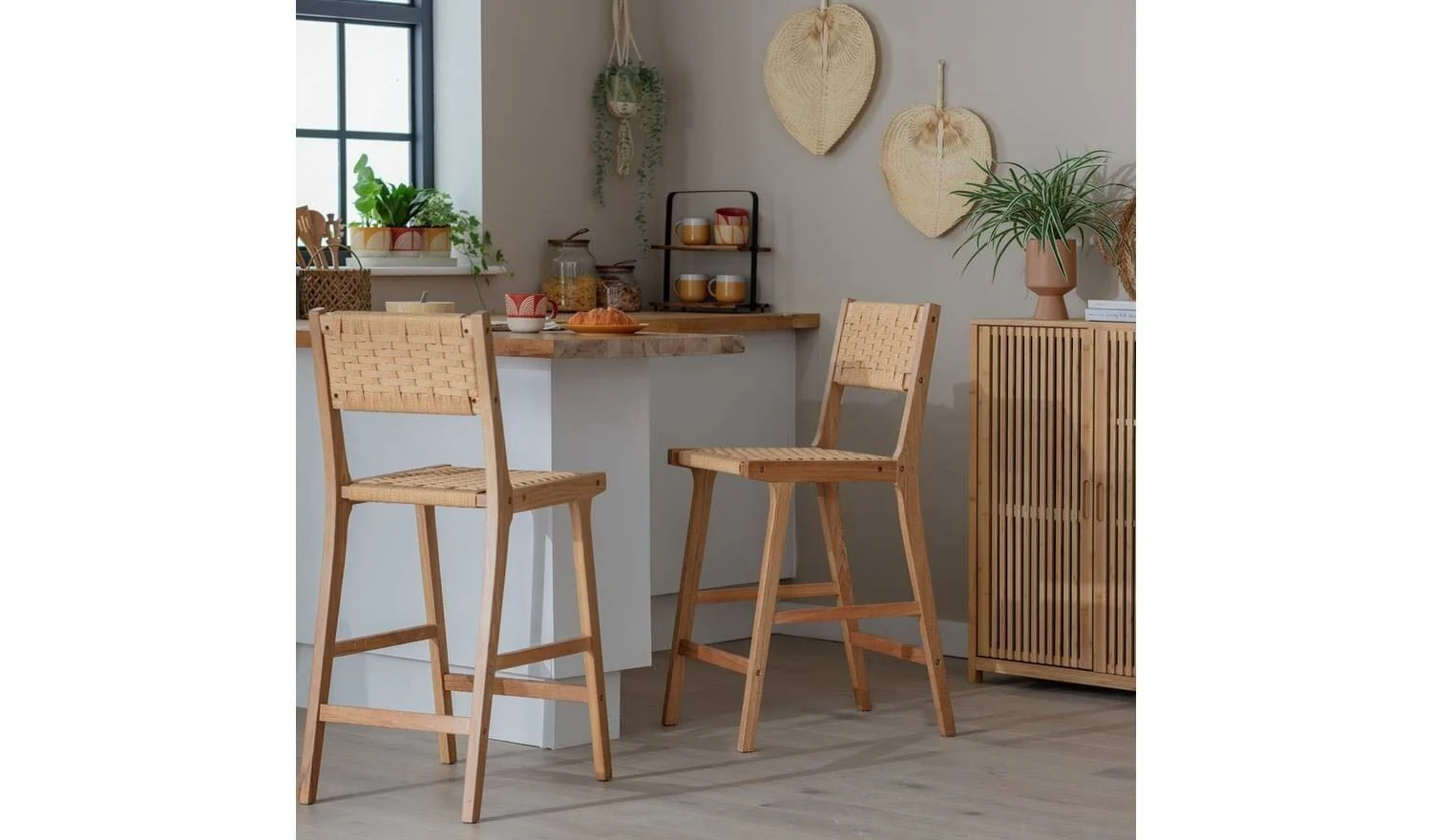 Faro Pair of Woven Oak Bar Stools Natural Durable Construction UK - Image 2