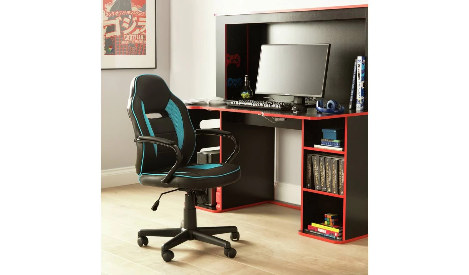 Faux Leather Mid Back Gaming Chair Blue Black For PC Gaming Comfort - Image 7