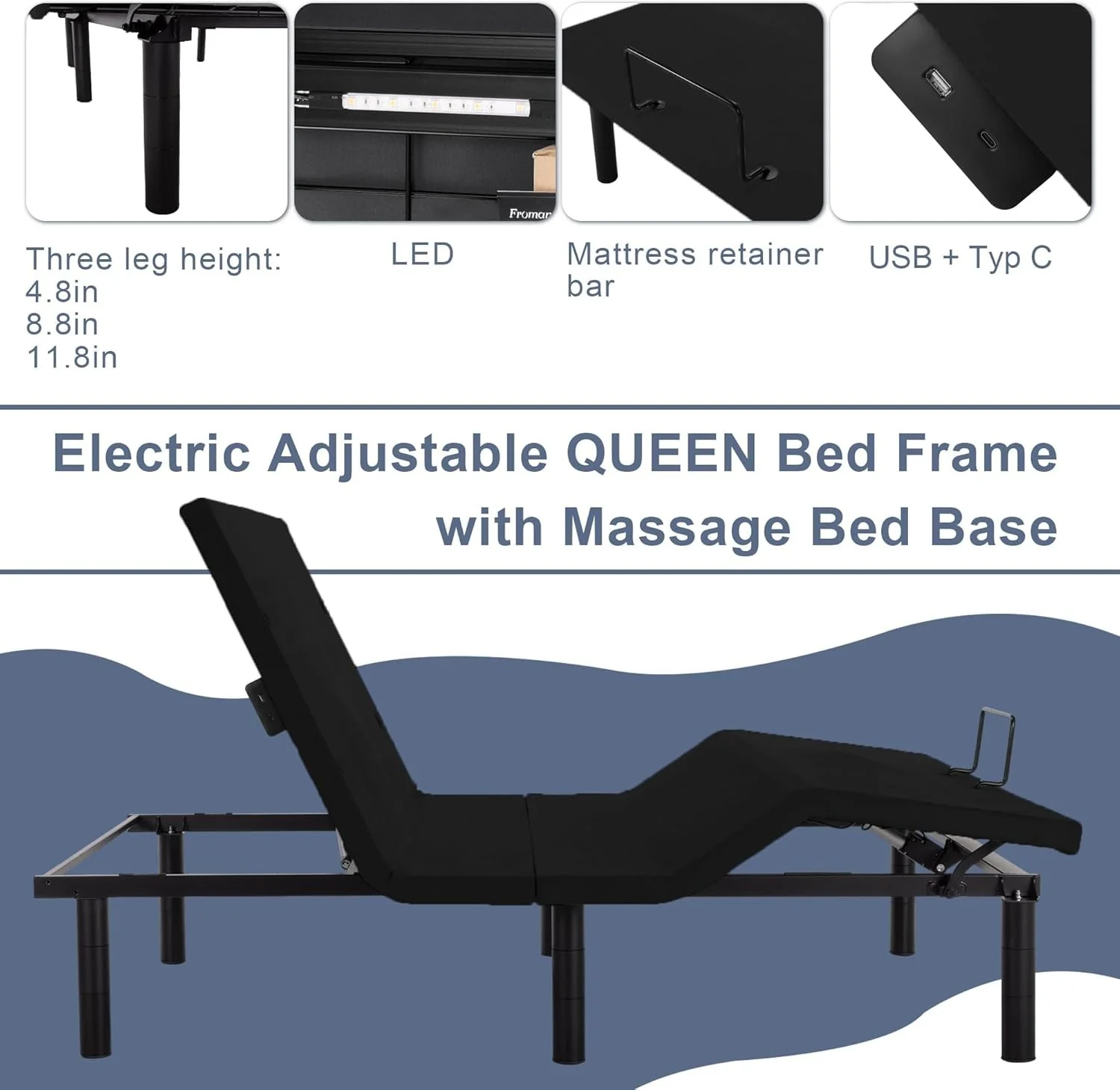 Fromann Adjustable Twin XXL Bed Base Frame with Wireless Remote,USB Ports - Image 2